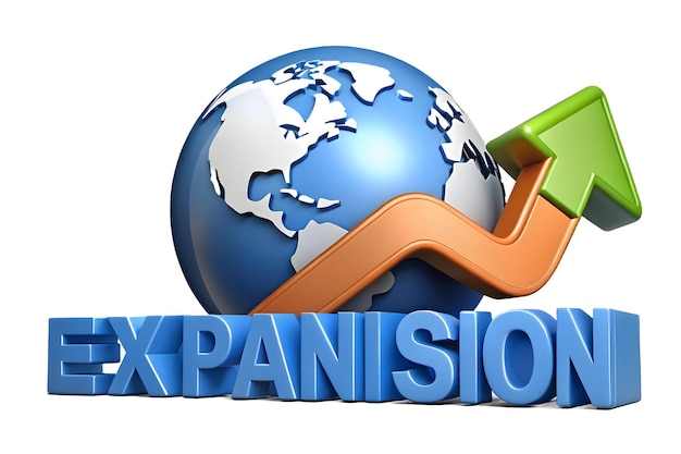 Photo 3d vector of isolated globe and upward arrow with the word expansion concept business expansion co