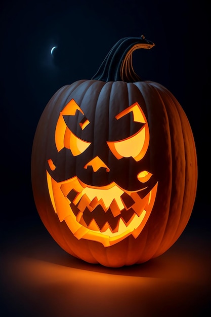 A 3D vector pumpkin with a carved face illuminated by a full moon ai generated