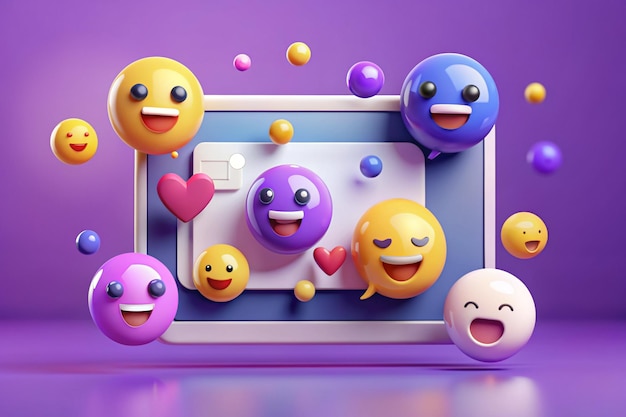 3D vector social media with video and photo in bubbles platform online social for text in speech bubbles concept 3d emoji chat speech chatting message with purple background 3d render vector