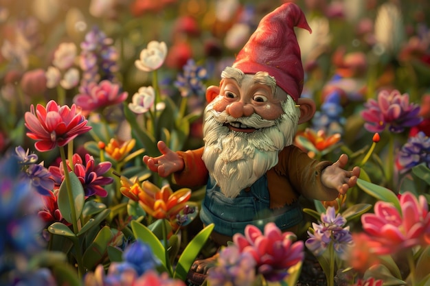 Photo 3d vector of a whimsical garden gnome among colorful spring flowers playful and enchanting theme