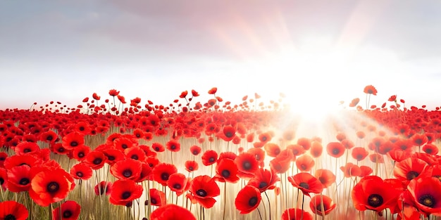 3D Veterans Day memorial with glowing abstract poppy field concept as A heartfelt advertisement feat