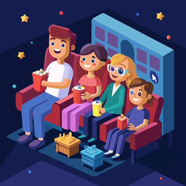 Photo 3d view of happy family watching a movie at the cinema