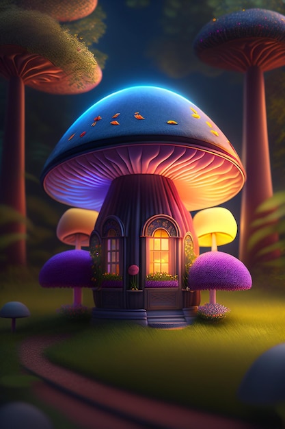 3d of a village with Fantasy forest with mushroom house fairy