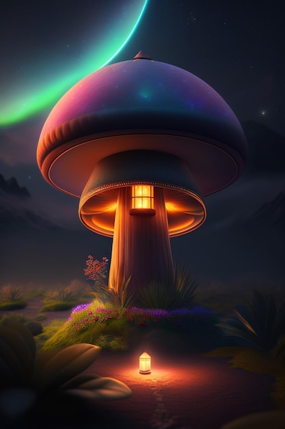 3d of a village with Fantasy forest with mushroom house fairy