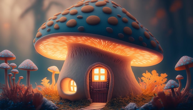 3d of a village with Leprechaun cottages by night Fantasy forest with mushroom house fairy tale