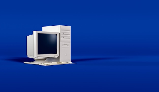 3d Vintage Computer on Blue Background with Empty Space