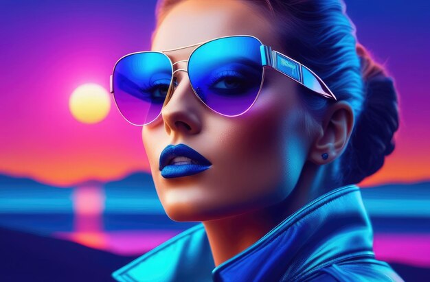 3D virtual reality landscape in 1980s style with stylish young woman wearing sunglasses at sunset