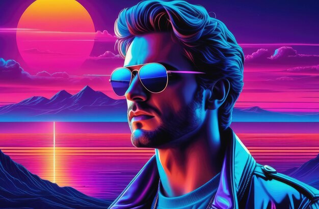 3D virtual reality landscape retro 1980s illustration of sunset with stylish man in sunglasses