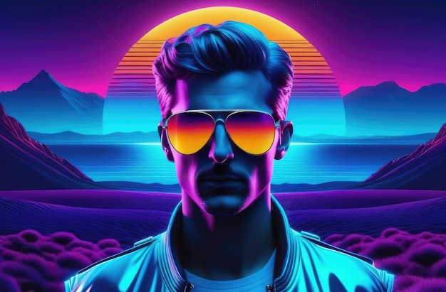 3D virtual reality retro landscape in 1980s style Stylish young man wearing sunglasses at sunset