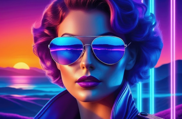 Photo 3d virtual reality sunset with stylish girl in sunglasses retro 80s portrait in 1980s style