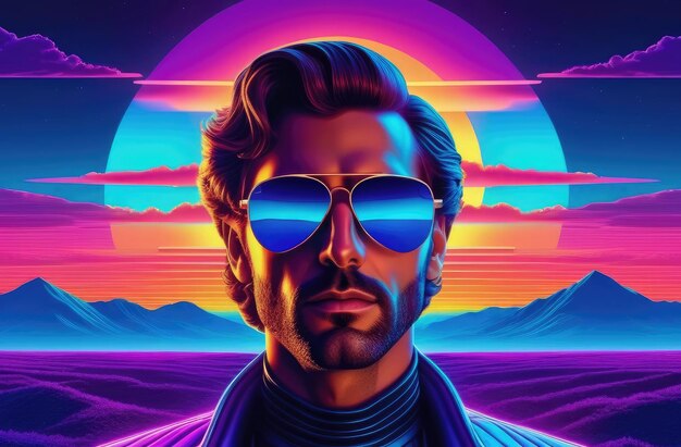 Photo 3d virtual reality sunset with stylish man in sunglasses retro 80s landscape in 1980s style