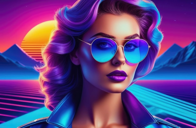 Photo 3d virtual reality sunset with stylish woman in sunglasses retro 80s landscape in 1980s style