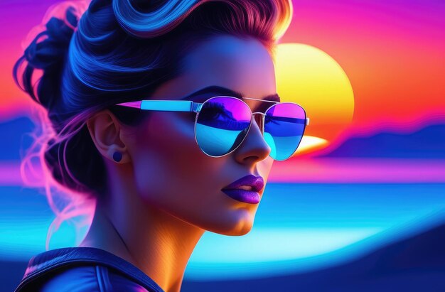 3D virtual reality sunset with stylish woman in sunglasses retro 80s portrait in 1980s style