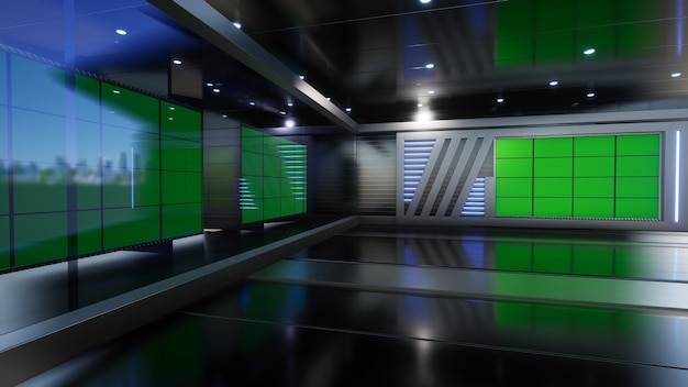 3D Virtual TV Studio News with green screen 3D Rendering