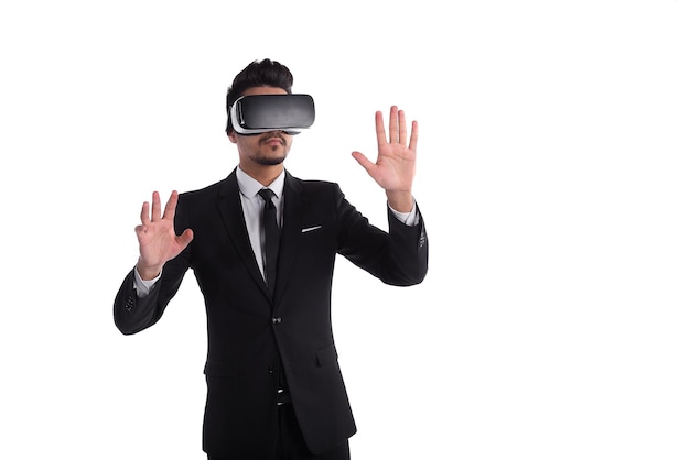 3d vision technology, virtual reality glasses. Male person in suit and digital vr device on white background