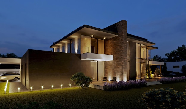 3D visualization of the house with evening illumination. House at night. beautiful lighting