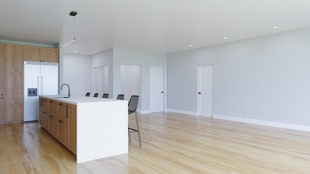 3D visualization of a kitchen with a wooden floor