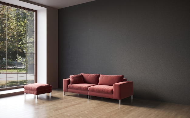 3d visualization of a large spacious modern interior with a concrete wall and a comfortable sofa