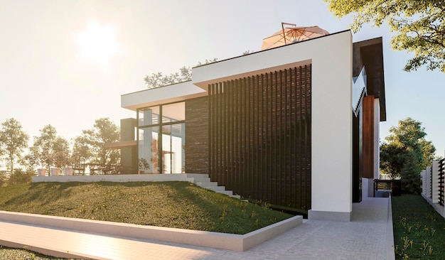 3D visualization of a modern house in the forest with a carport. luxury architecture