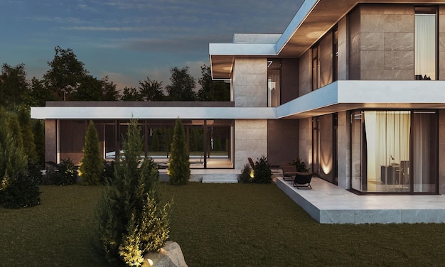 3D visualization of a modern house in the forest with a carport. luxury architecture