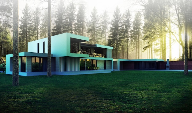 3D visualization of a modern house in the forest with a carport. luxury architecture