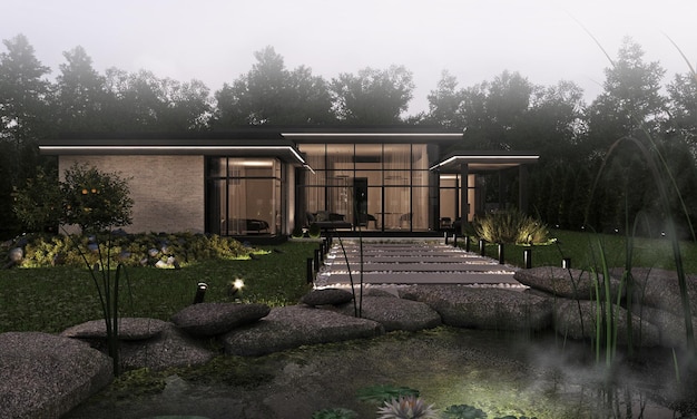 3D visualization of a modern house with a terrace and panoramic windows. Modern architecture.