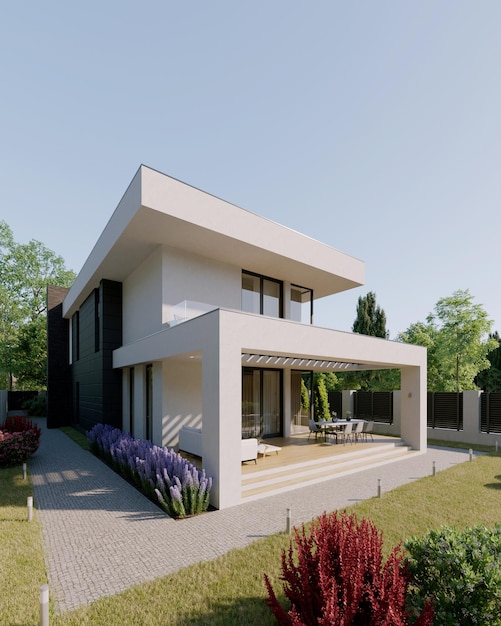 3D visualization of a modern house with a unique facade. House in modern style. architecture