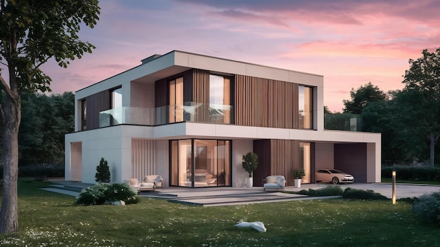 3d visualization of a modern house with a unique facade house in modern style architecture