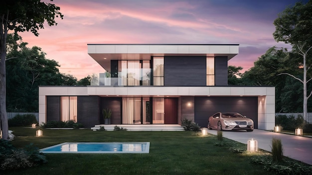 3d visualization of a modern house with a unique facade house in modern style architecture