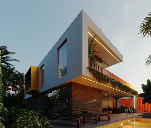 3D visualization of a modern villa in Dubai. Real estate in the United Arab Emirates.