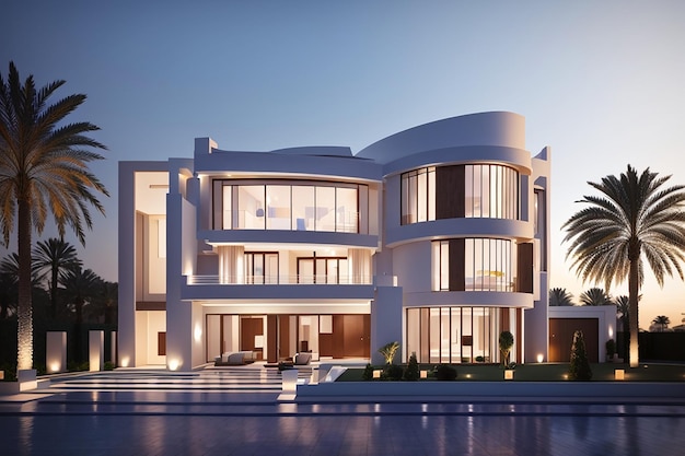 3d visualization of a villa in dubai modern architecture evening illumination of the facade