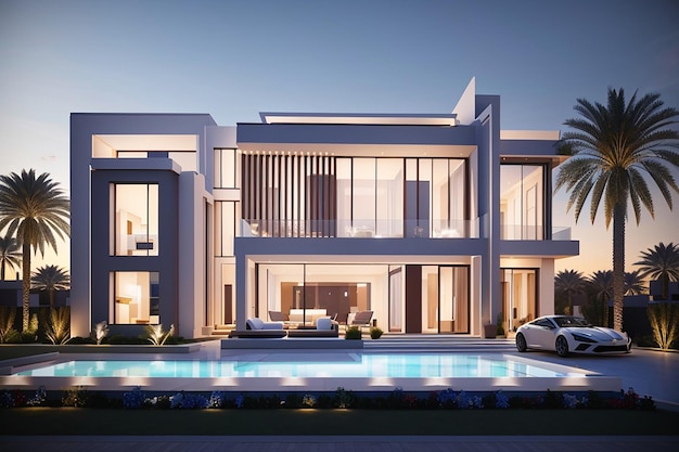 3d visualization of a villa in dubai modern architecture evening illumination of the facade