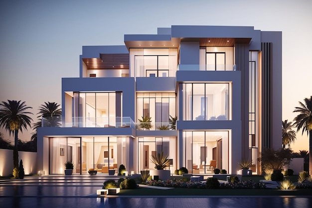 3d visualization of a villa in dubai modern architecture evening illumination of the facade