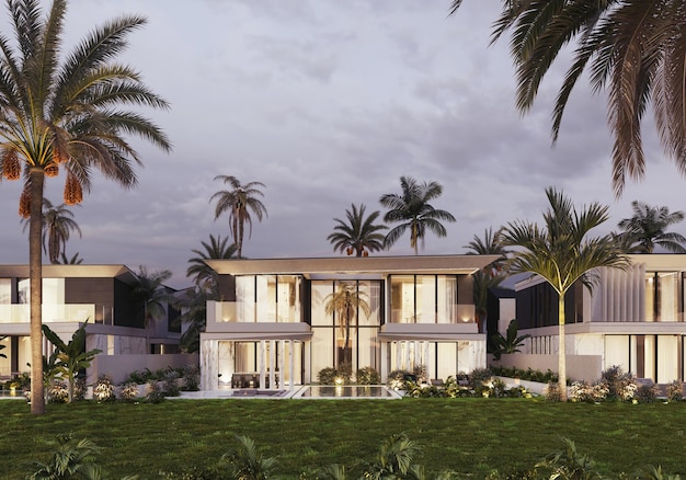 3D visualization of a villa in Dubai. Modern architecture. Evening illumination of the facade