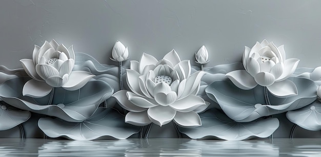 3d wall art decoration three white lotus flowers on gray background abstract painting