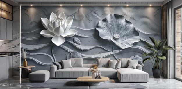 Photo 3d wall mural white lotus flowers on gray background triptych in living room