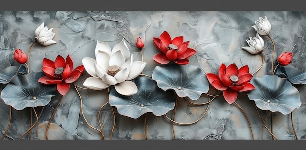 3d wall mural white lotus flowers on gray background triptych