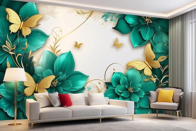 3d wallpaper abstract floral background with green flowers and golden butterfly mural for interior home