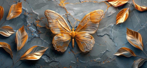 3d wallpaper butterfly with golden wings on dark blue background surrealistic style three large oil painting panels