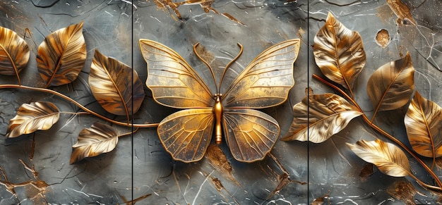 3d wallpaper butterfly with golden wings on dark blue background surrealistic style three large oil painting panels