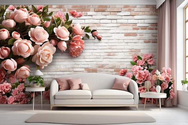 3D wallpaper design with brick and flowers for photomural