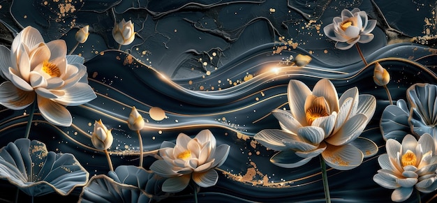 3D wallpaper elegant dark background with golden lotus flowers and leaves detailed flower illustrations