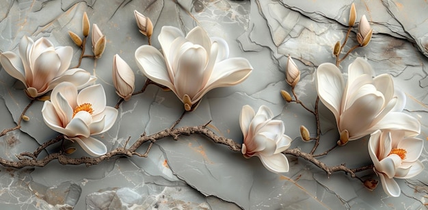 3D wallpaper elegant stone background with magnolia flowers in the style of romanticism