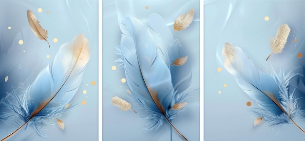 3D wallpaper feathers with golden accents and blue leaves blue background