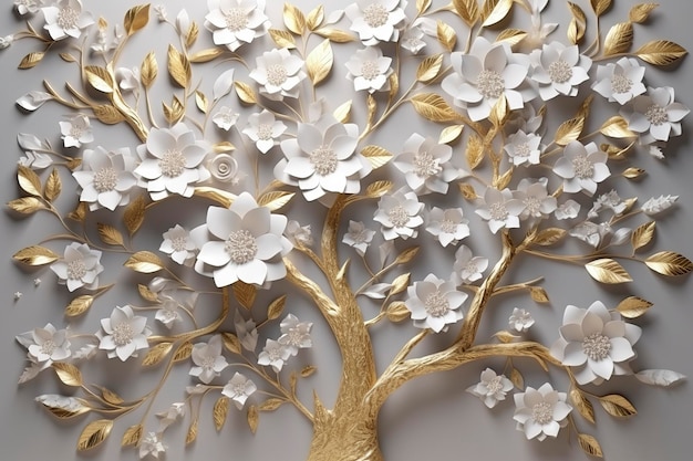 3d wallpaper floral tree background with white flower leaves and golden stem interior wall home decor generate ai