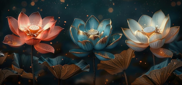 3D wallpaper flower pattern dark background three large lotus flowers in different colors with golden elements on the petals