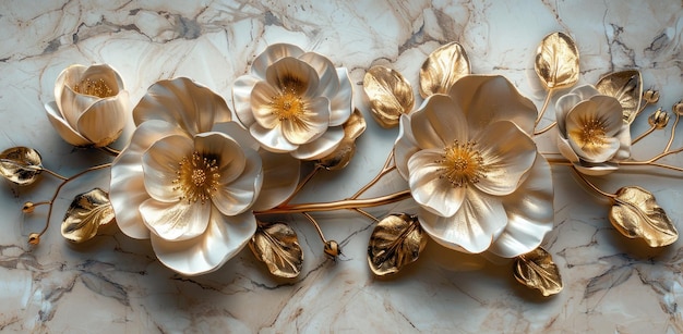 3d wallpaper golden flowers on marble background elegant floral art design