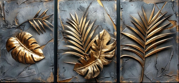 3d wallpaper golden palm leaves on grey marble background triptych composition