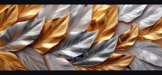 3D wallpaper golden and silver leaves luxury background with feathers elegant wall art design for home decoration