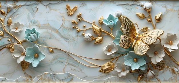 3d wallpaper luxury marble wall with golden butterfly and feathers decoration decorative relief white background